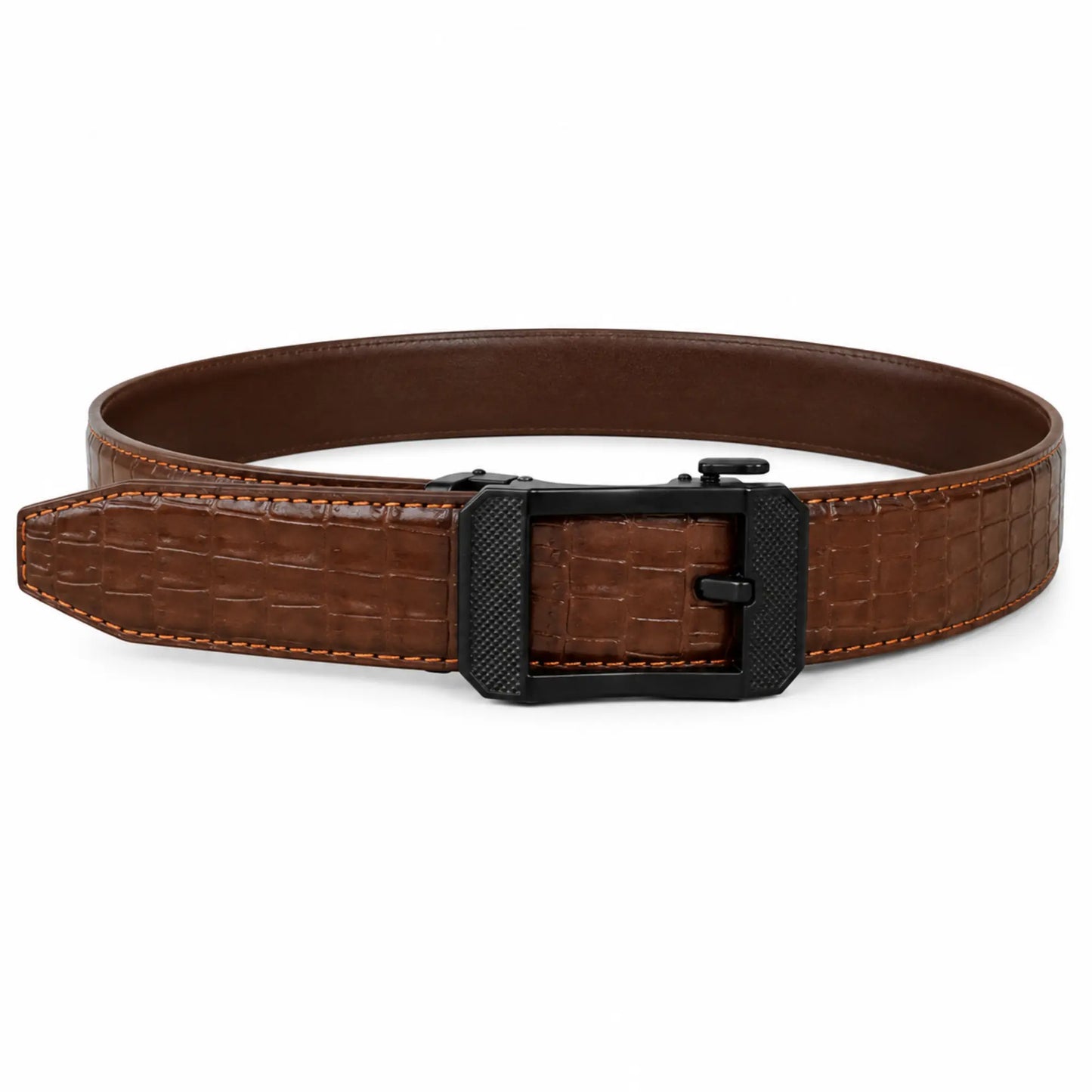 Men's Croc-Embossed Leather Auto-Lock Belt – Cognac, Matte Black Buckle