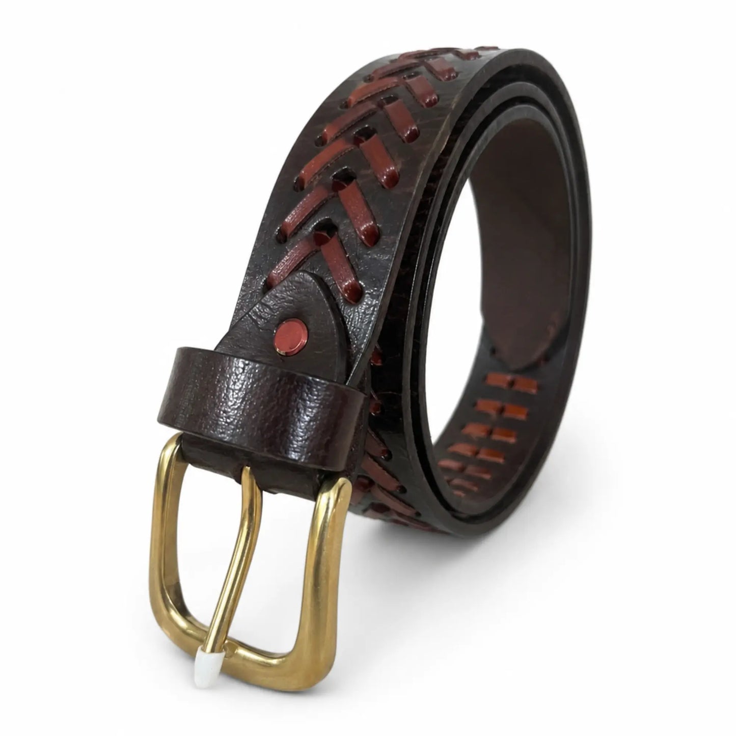 Men’s Genuine Leather Brown Casual Belt – Hand-Laced Design chevron pattern