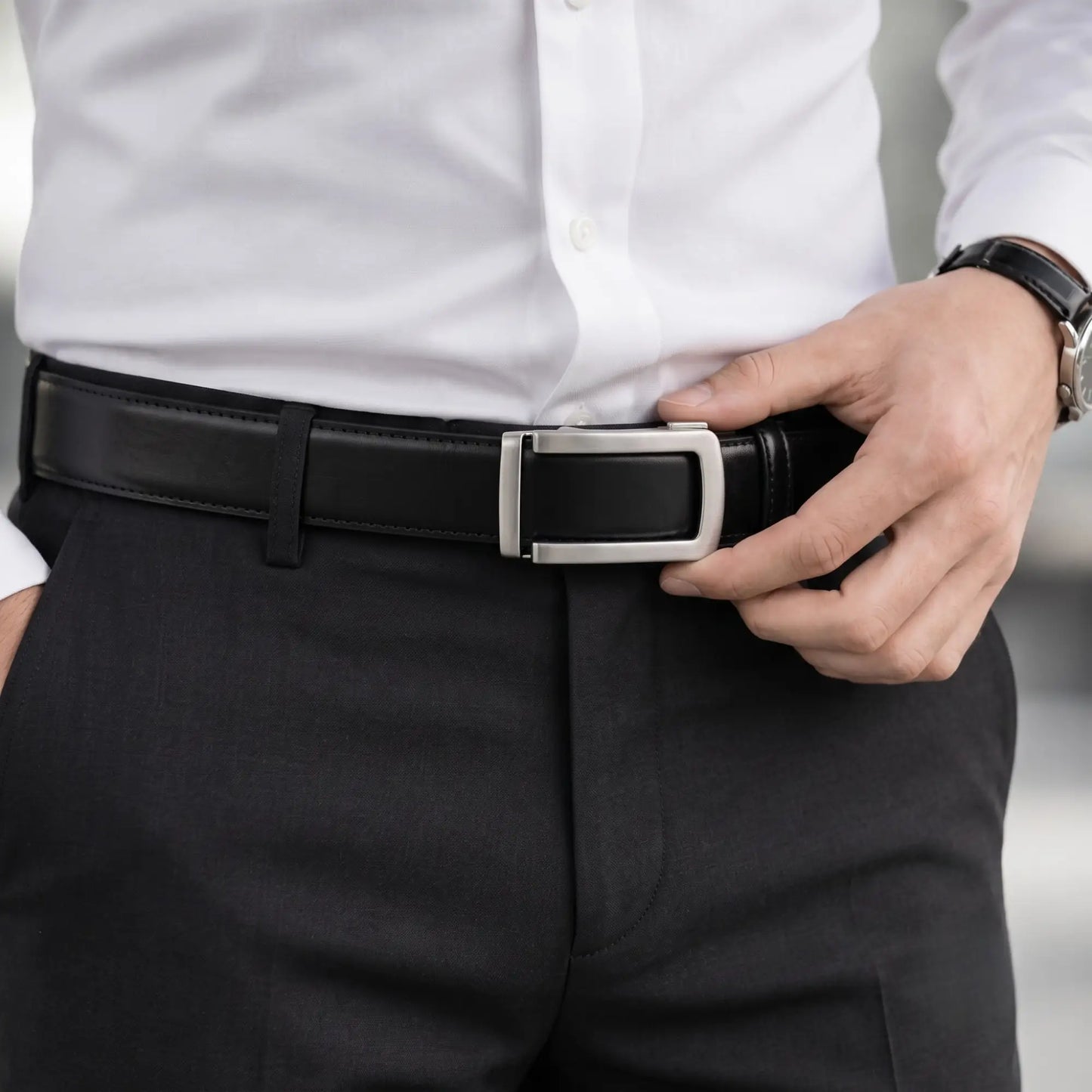 Men's Genuine Leather Ratchet Belt – Automatic Buckle, No Holes, Black & Brown