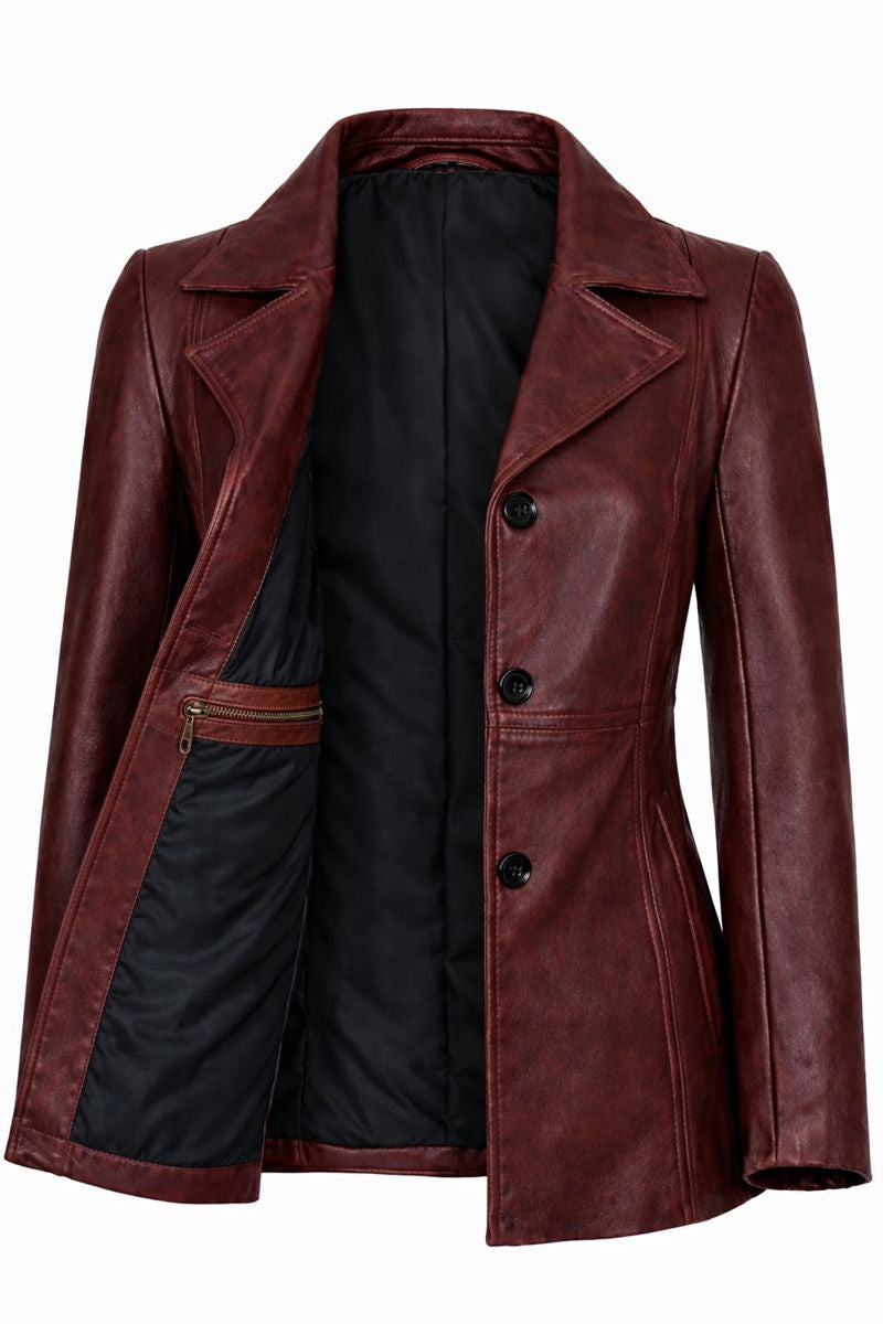 Women’s Lambskin Leather Long Jacket – Elegant Zip-Up Slim Fit Trench Style Coat