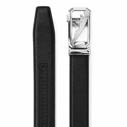 Men’s Genuine Leather Black Belt with Silver Panther Buckle