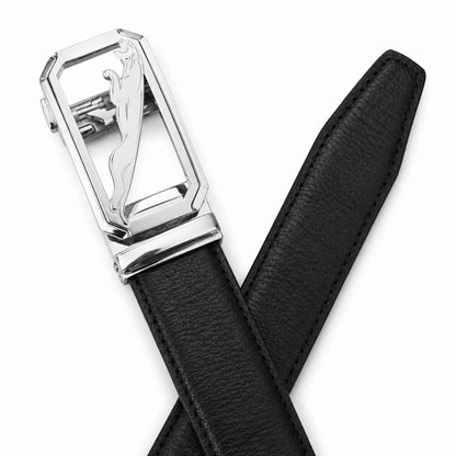 Men’s Genuine Leather Black Belt with Silver Panther Buckle