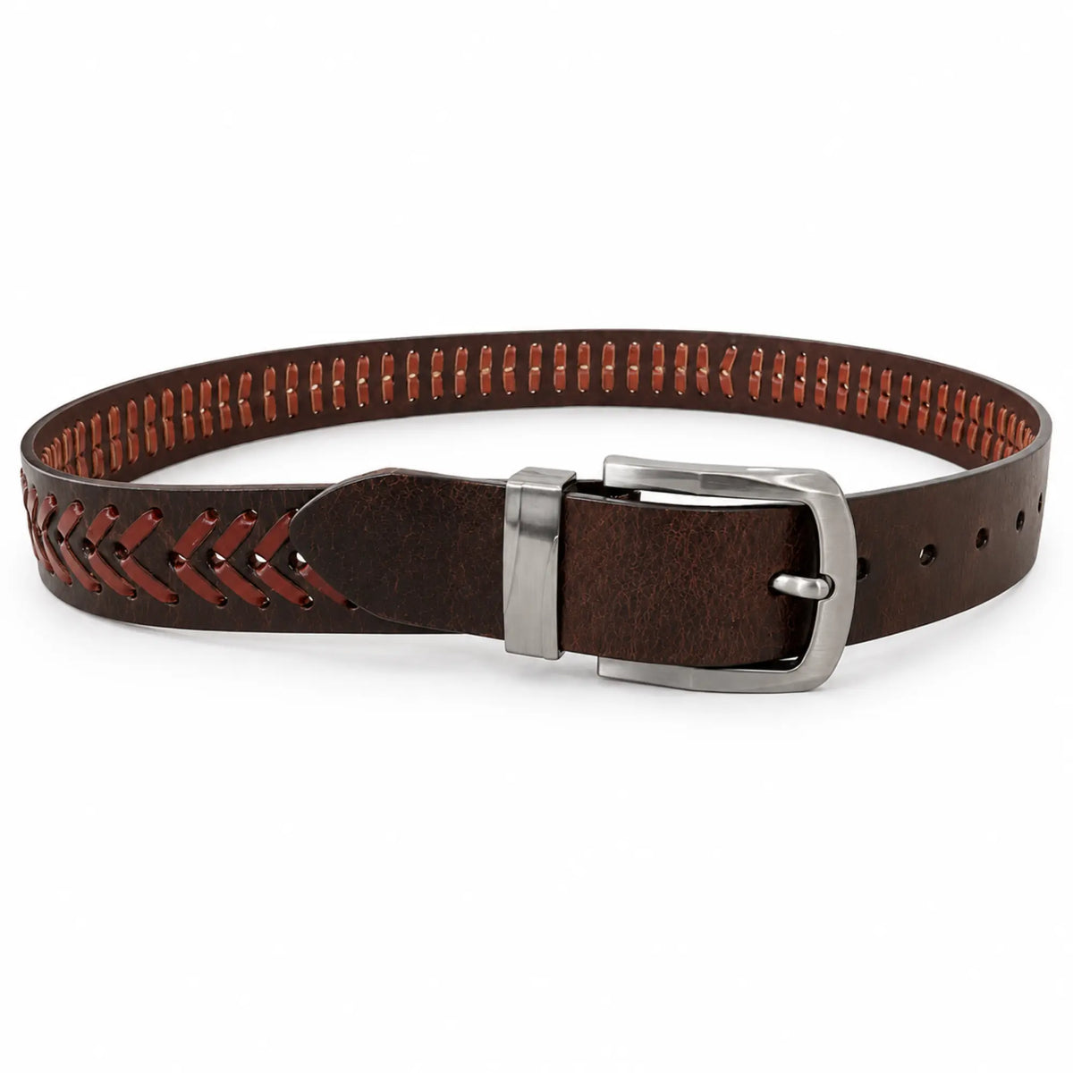 Men’s Genuine Leather Brown Casual Belt – Hand-Laced Design chevron pattern