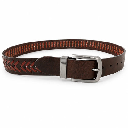 Men’s Genuine Leather Brown Casual Belt – Hand-Laced Design chevron pattern