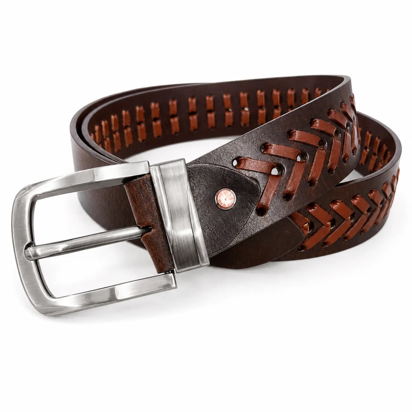 Men’s Genuine Leather Brown Casual Belt – Hand-Laced Design chevron pattern