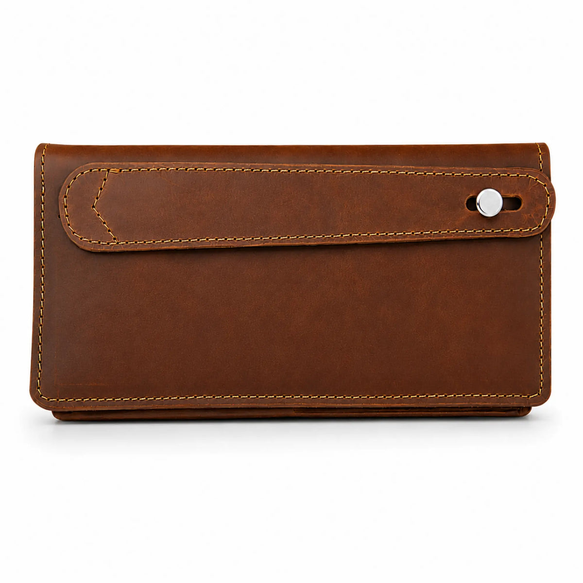 Leather Long Wallet in Brown with Magnetic Closure – Slim Bifold Wallet, Unisex