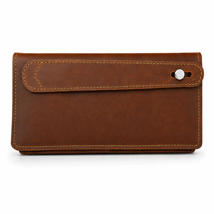 Leather Long Wallet in Brown with Magnetic Closure – Slim Bifold Wallet, Unisex