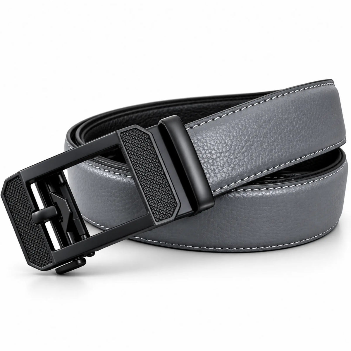 Men's Genuine Leather Auto-Lock Belt – Grey, No Holes, Matte Black Buckle