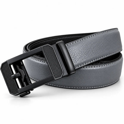 Men's Genuine Leather Auto-Lock Belt – Grey, No Holes, Matte Black Buckle