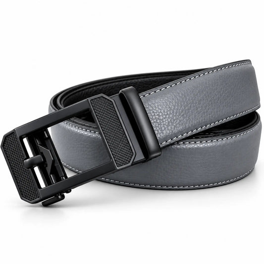 Men's Genuine Leather Auto-Lock Belt – Grey, No Holes, Matte Black Buckle