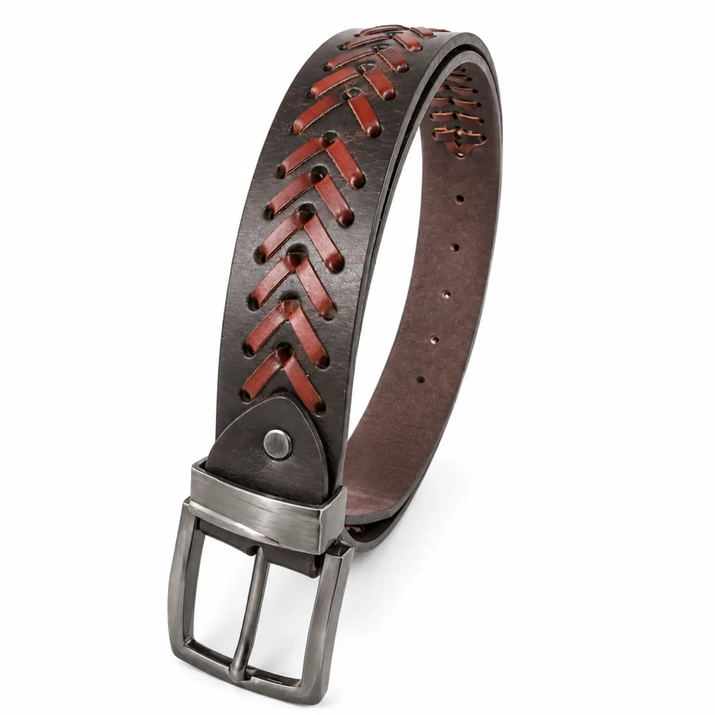 Men’s Genuine Leather Brown Casual Belt – Hand-Laced Design chevron pattern