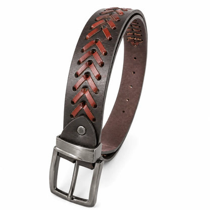 Men’s Genuine Leather Brown Casual Belt – Hand-Laced Design chevron pattern