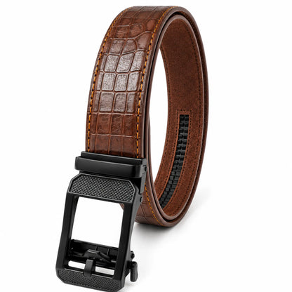 Men's Croc-Embossed Leather Auto-Lock Belt – Cognac, Matte Black Buckle