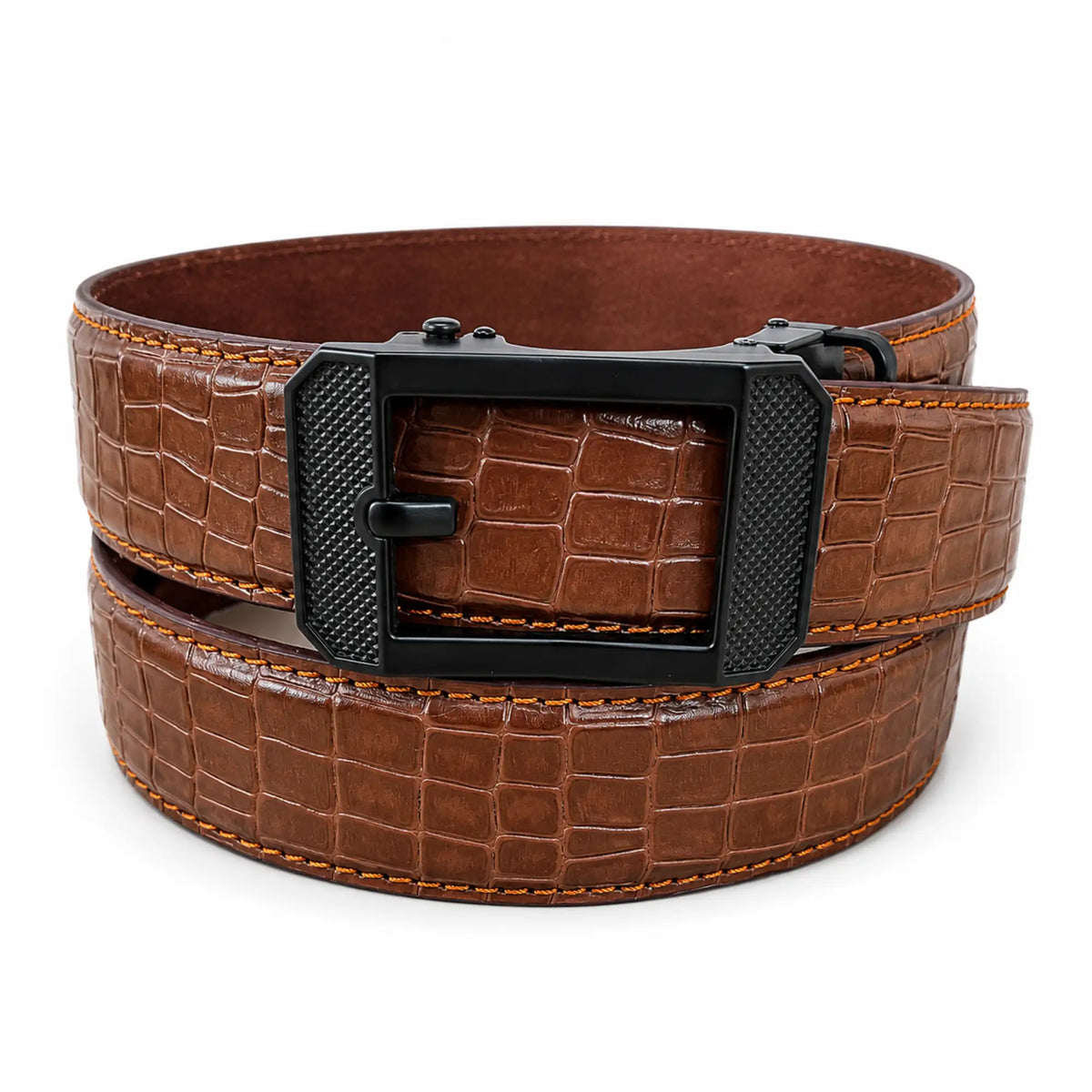 Men's Croc-Embossed Leather Auto-Lock Belt – Cognac, Matte Black Buckle