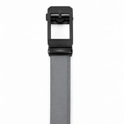 Men's Genuine Leather Auto-Lock Belt – Grey, No Holes, Matte Black Buckle