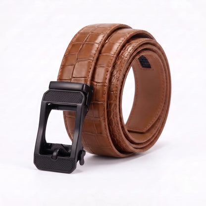 Men's Croc-Embossed Leather Auto-Lock Belt – Cognac, Matte Black Buckle