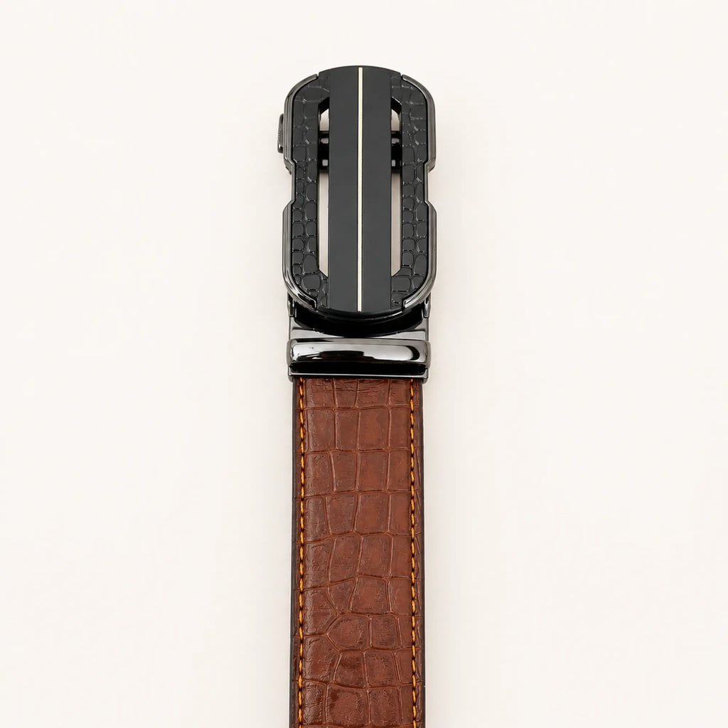 Men's Croc-Embossed Leather Auto-Lock Belt – Cognac, Matte Black Buckle