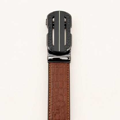 Men's Croc-Embossed Leather Auto-Lock Belt – Cognac, Matte Black Buckle