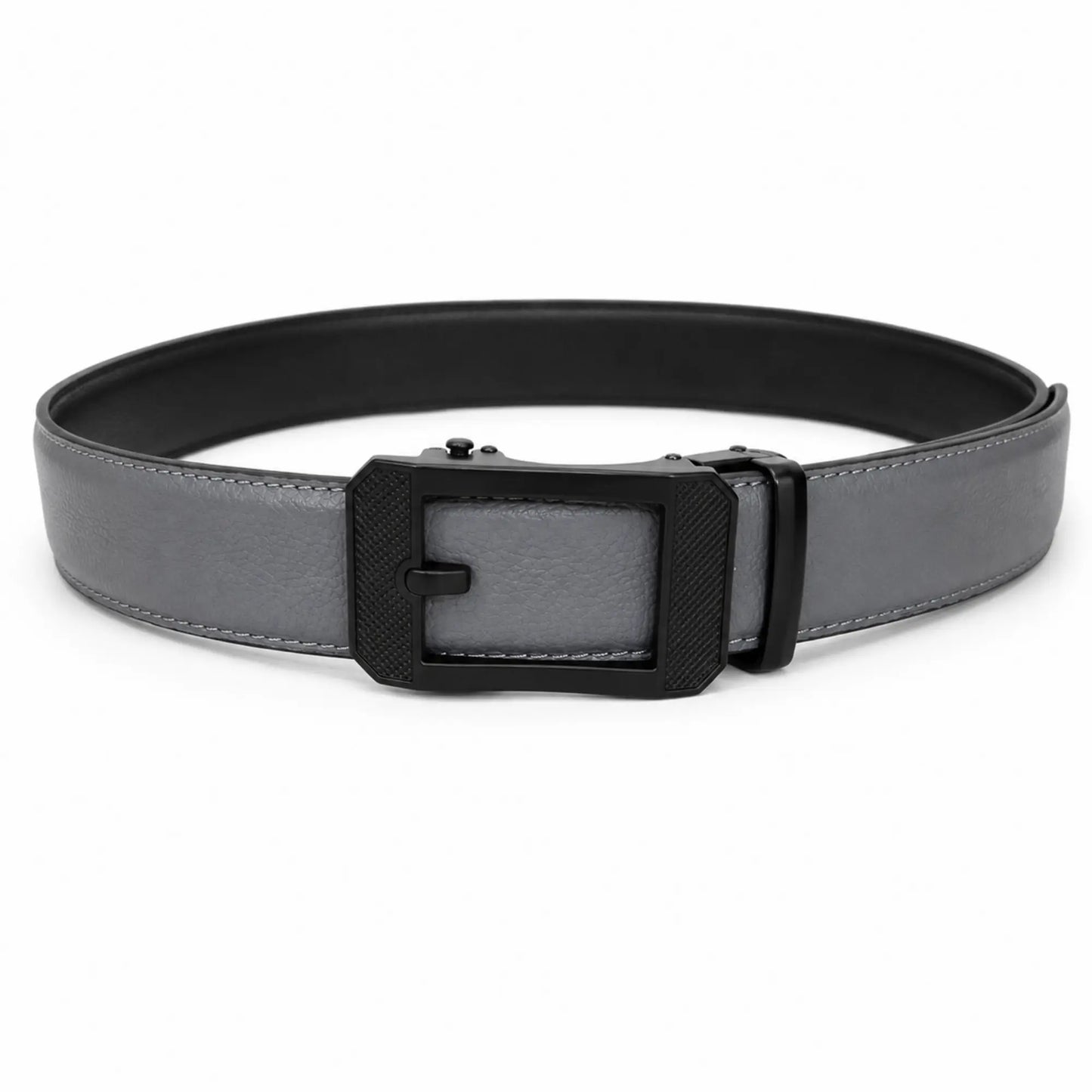 Men's Genuine Leather Auto-Lock Belt – Grey, No Holes, Matte Black Buckle