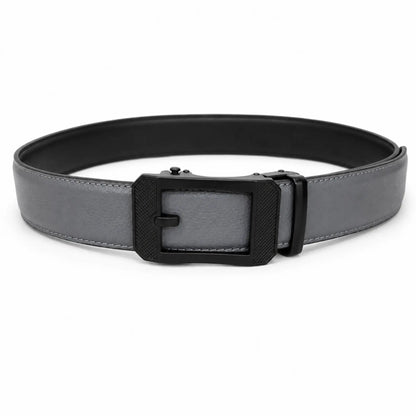 Men's Genuine Leather Auto-Lock Belt – Grey, No Holes, Matte Black Buckle