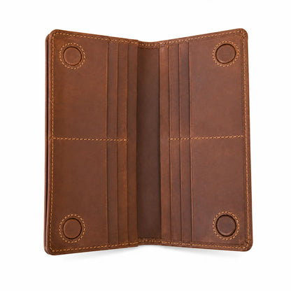 Leather Long Wallet in Brown with Magnetic Closure – Slim Bifold Wallet, Unisex
