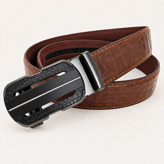 Men's Croc-Embossed Leather Auto-Lock Belt – Cognac, Matte Black Buckle
