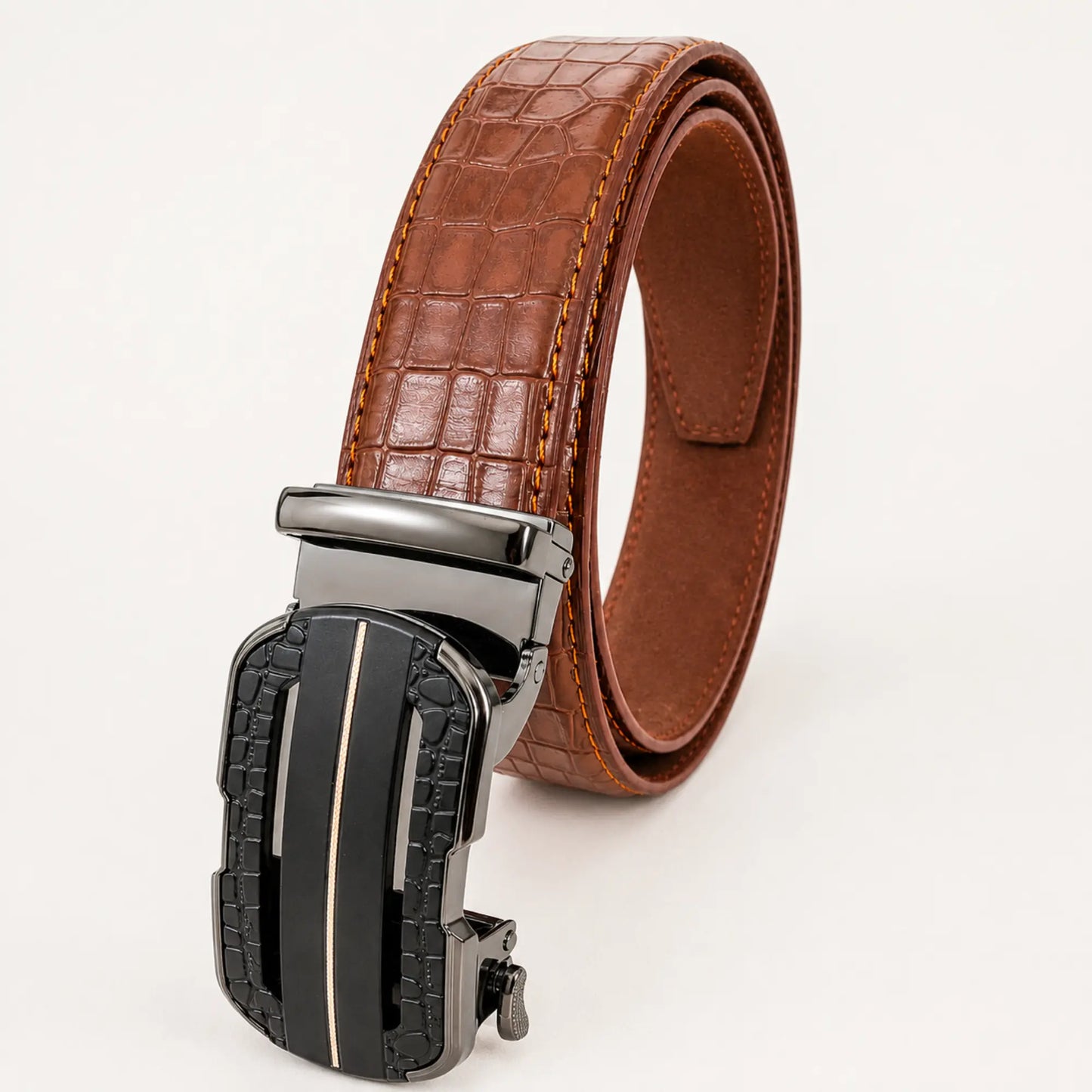 Men's Croc-Embossed Leather Auto-Lock Belt – Cognac, Matte Black Buckle