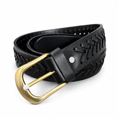Full Grain Leather Black Casual Belt – Hand-Laced Design Chevron pattern
