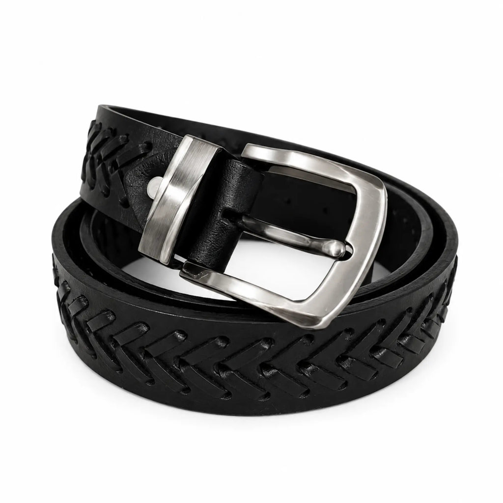 Full Grain Leather Black Casual Belt – Hand-Laced Design Chevron pattern