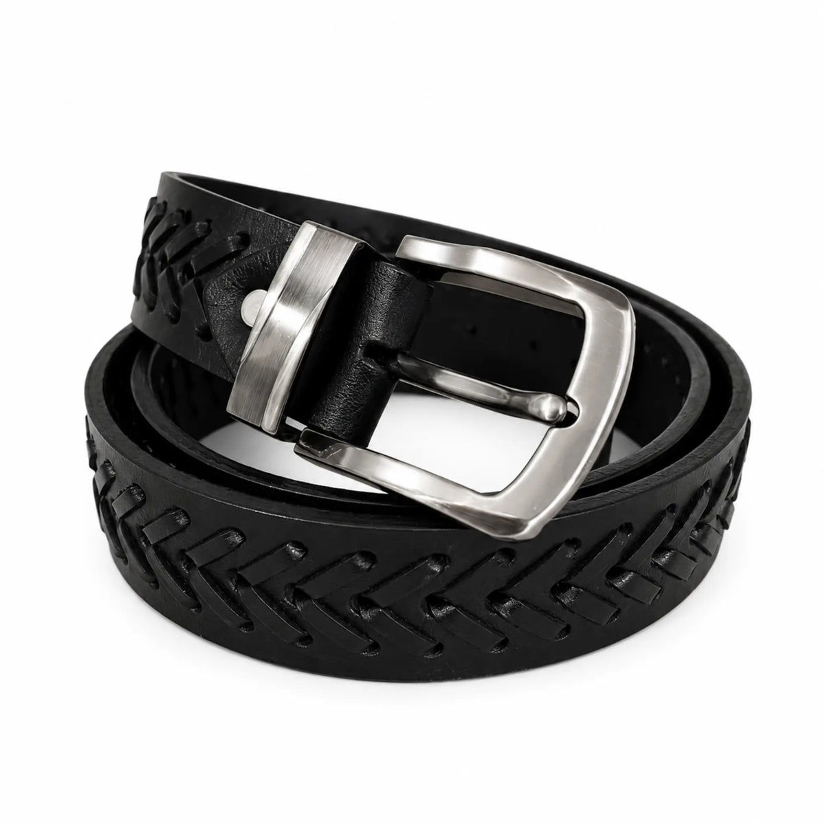 Full Grain Leather Black Casual Belt – Hand-Laced Design Chevron pattern