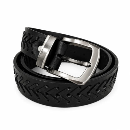 Full Grain Leather Black Casual Belt – Hand-Laced Design Chevron pattern