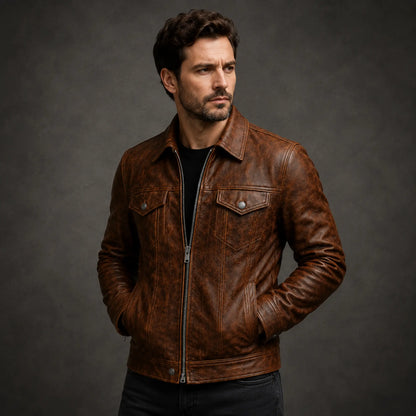 Buffalo Leather Brown Jacket – Premium Genuine Leather Biker Style for Men