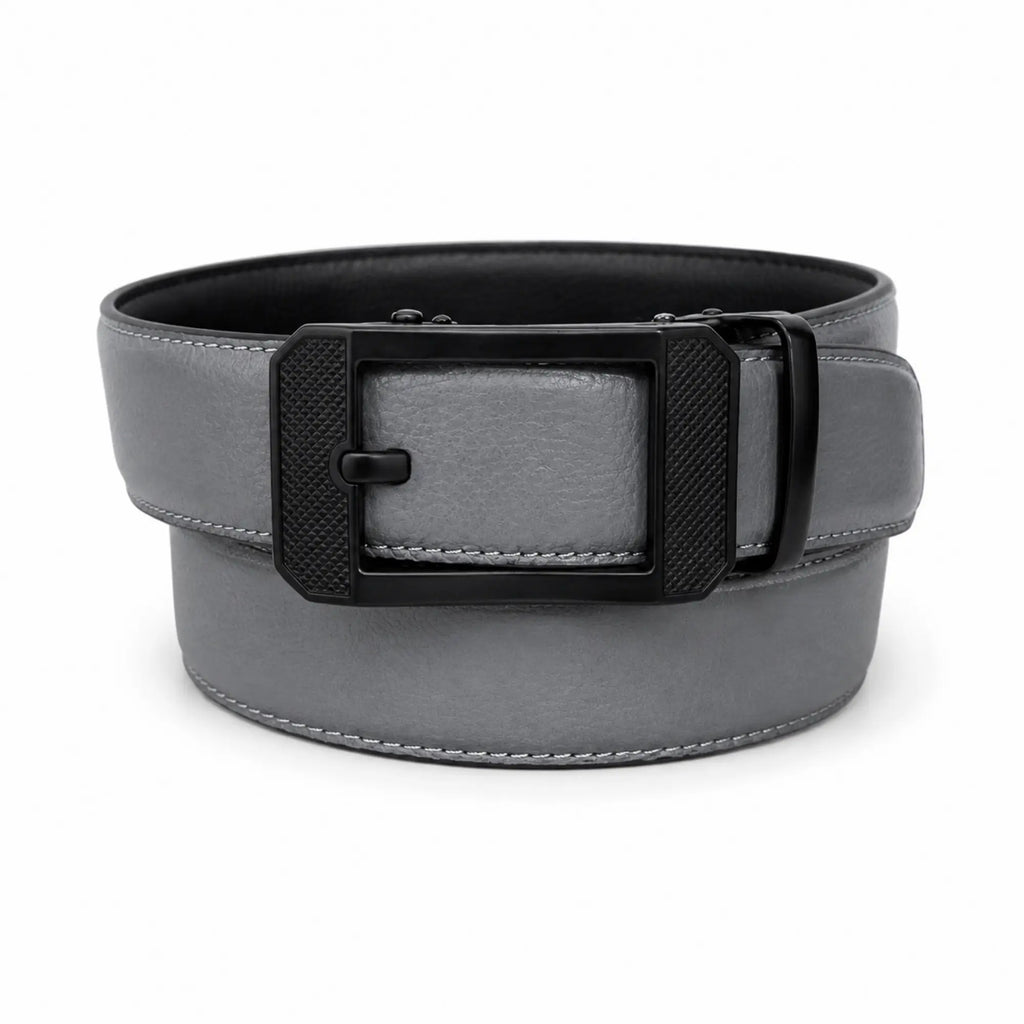Men's Genuine Leather Auto-Lock Belt – Grey, No Holes, Matte Black Buckle