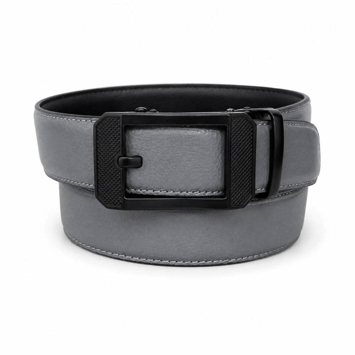 Men's Genuine Leather Auto-Lock Belt – Grey, No Holes, Matte Black Buckle