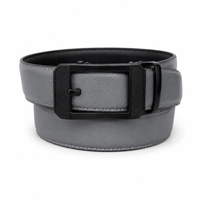 Men's Genuine Leather Auto-Lock Belt – Grey, No Holes, Matte Black Buckle