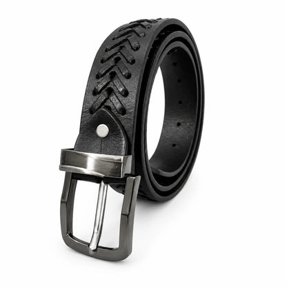 Full Grain Leather Black Casual Belt – Hand-Laced Design Chevron pattern