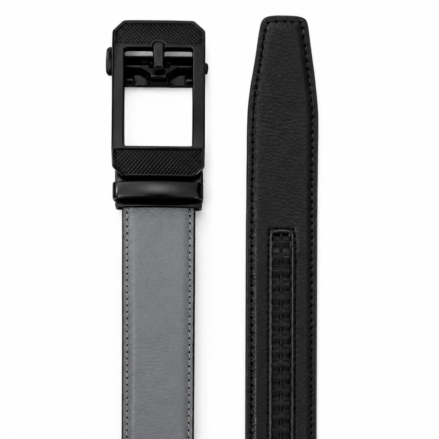 Men's Genuine Leather Auto-Lock Belt – Grey, No Holes, Matte Black Buckle