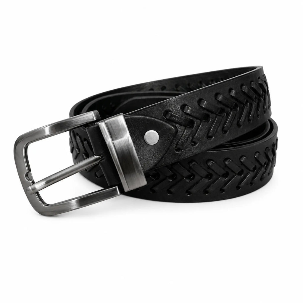 Full Grain Leather Black Casual Belt – Hand-Laced Design Chevron pattern