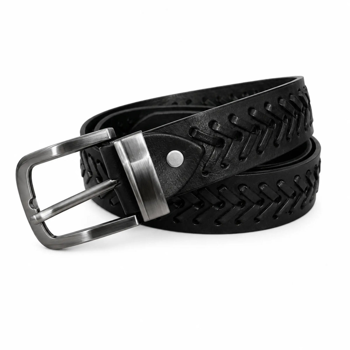 Full Grain Leather Black Casual Belt – Hand-Laced Design Chevron pattern