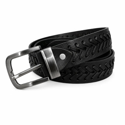 Full Grain Leather Black Casual Belt – Hand-Laced Design Chevron pattern