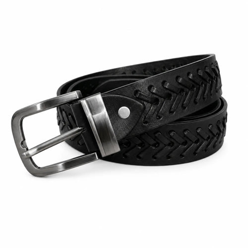 Full Grain Leather Black Casual Belt – Hand-Laced Design Chevron pattern