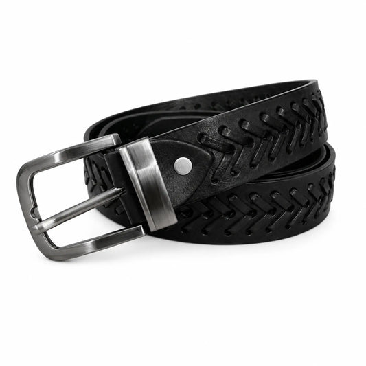 Full Grain Leather Black Casual Belt – Hand-Laced Design Chevron pattern