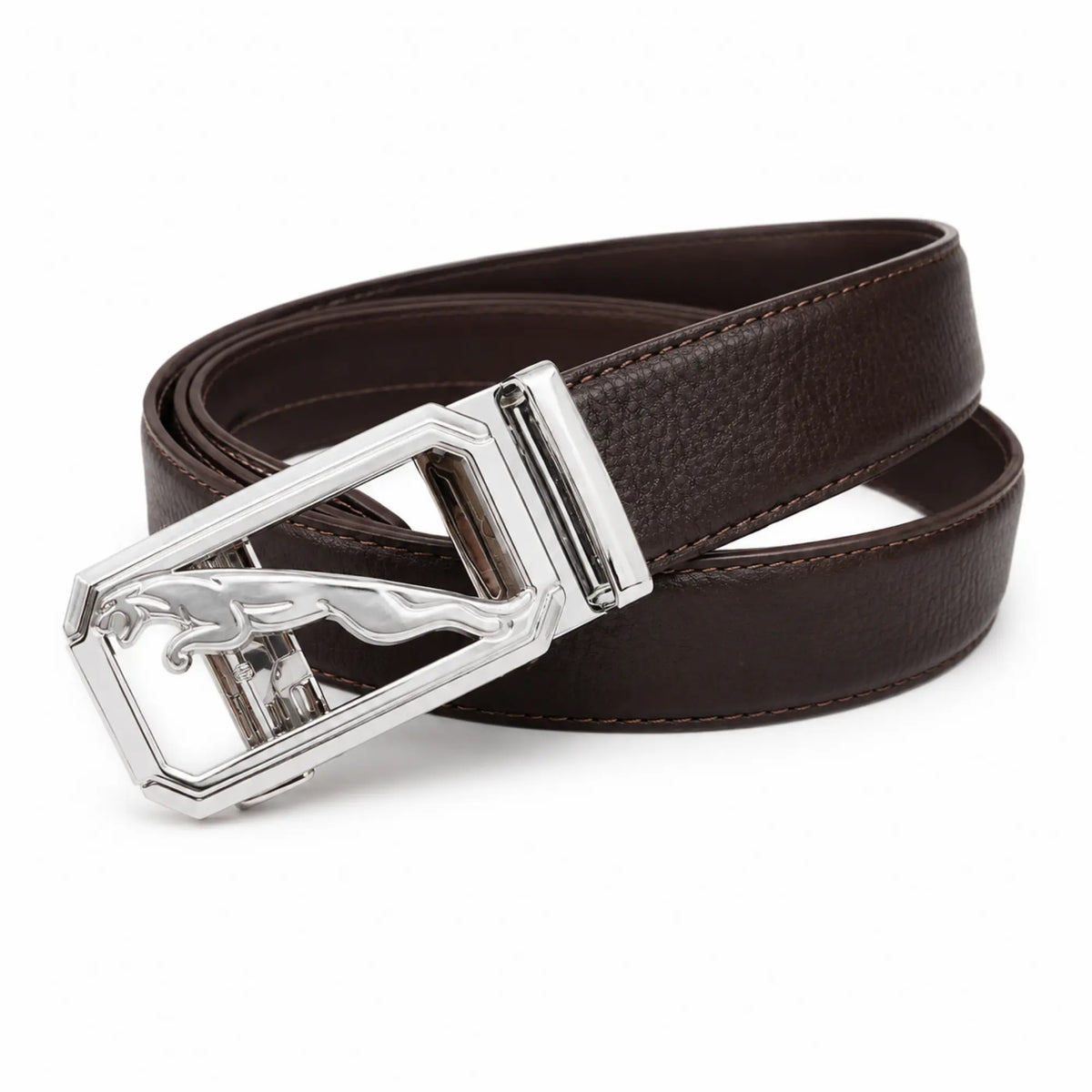 Men’s Genuine Leather Black Belt with Silver Panther Buckle