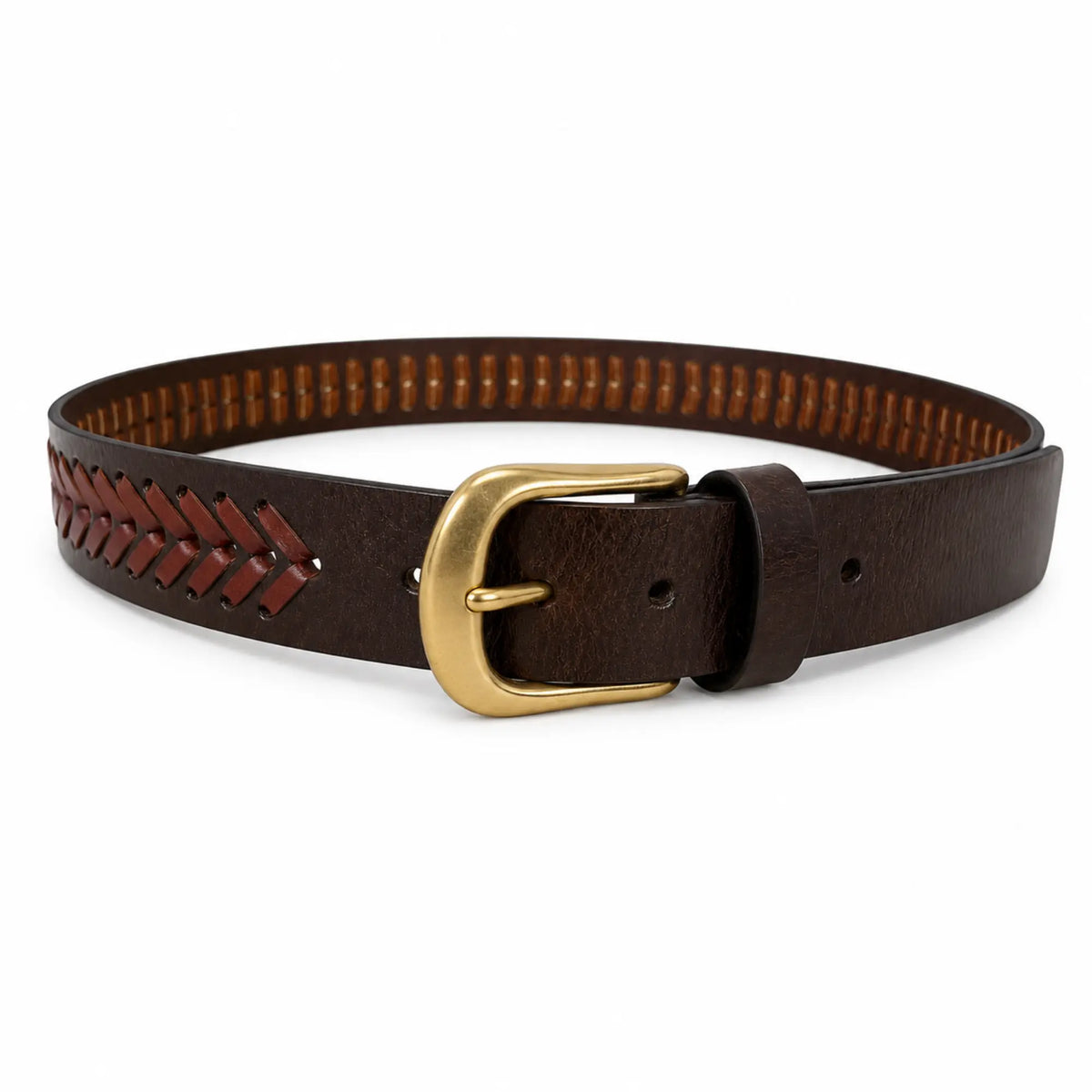 Men’s Genuine Leather Brown Casual Belt – Hand-Laced Design chevron pattern