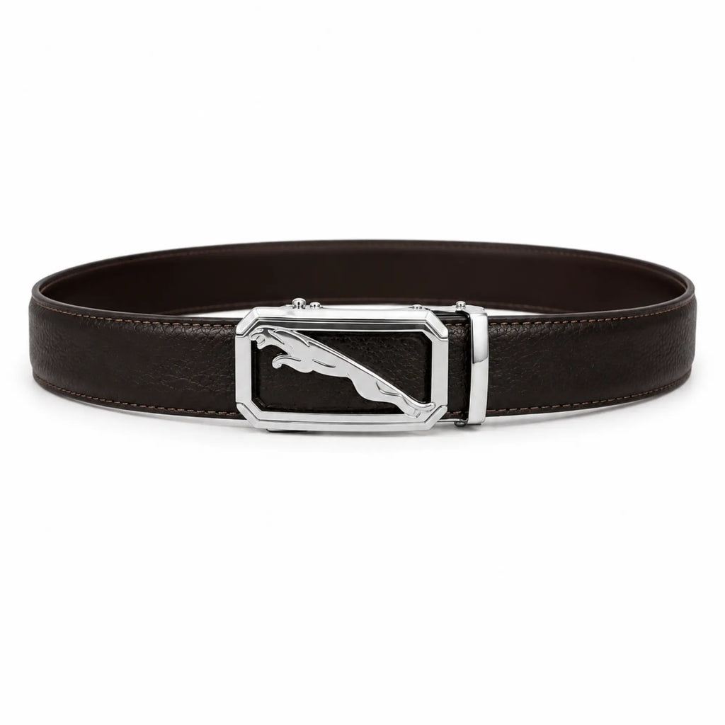 Men’s Genuine Leather Black Belt with Silver Panther Buckle