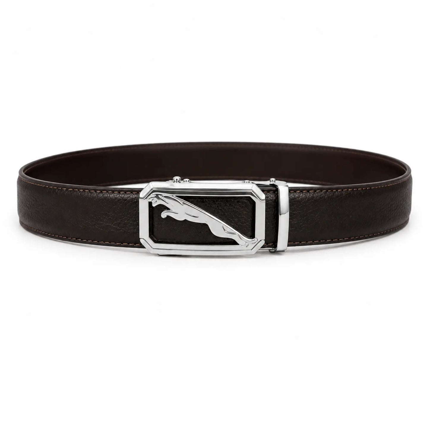 Men’s Genuine Leather Black Belt with Silver Panther Buckle