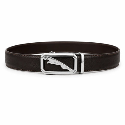 Men’s Genuine Leather Black Belt with Silver Panther Buckle