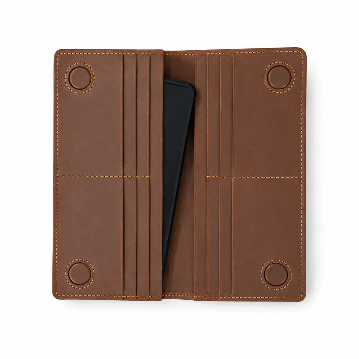 Leather Long Wallet in Brown with Magnetic Closure – Slim Bifold Wallet, Unisex