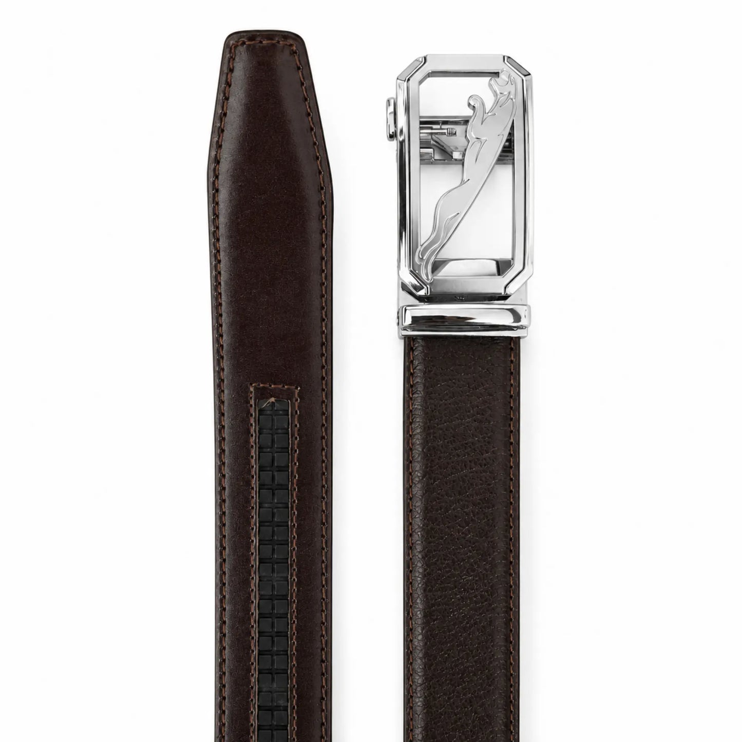 Men’s Genuine Leather Black Belt with Silver Panther Buckle