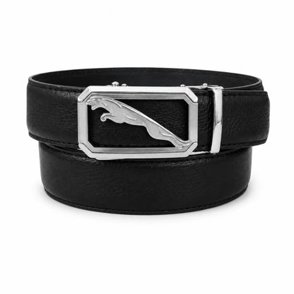 Men’s Genuine Leather Black Belt with Silver Panther Buckle